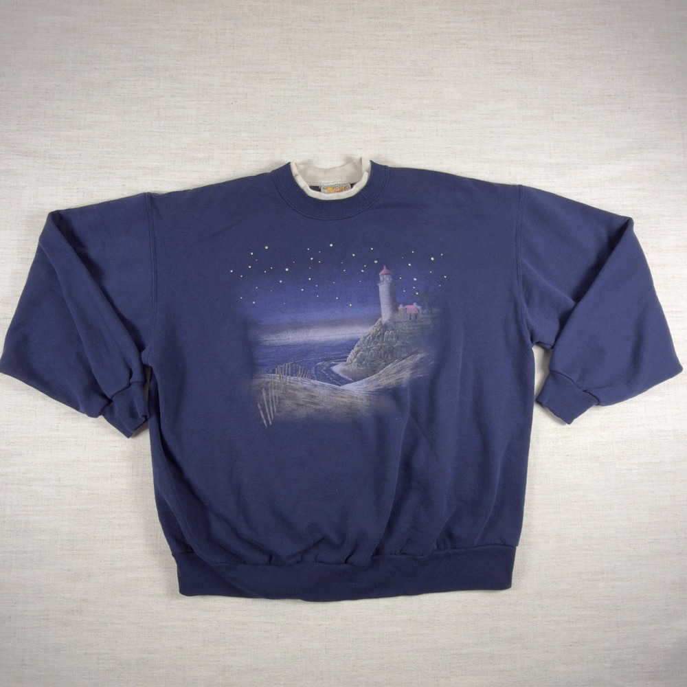 Morning Sun Woman Vintage Navy Lighthouse Starry Night Sweatshirt Double Collar